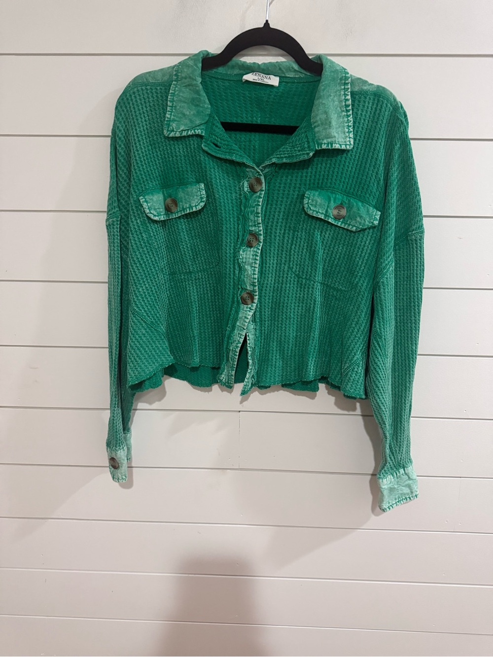 Zenana Outfitters Green Waffle Knit Cropped Button-Up Jacket